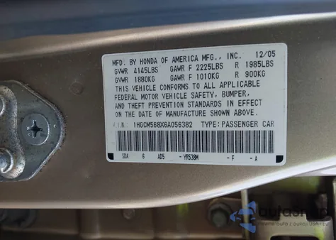 2006 Honda Accord 2.4 Ex из США, поврежденный, VIN 1HGCM568X6A056382